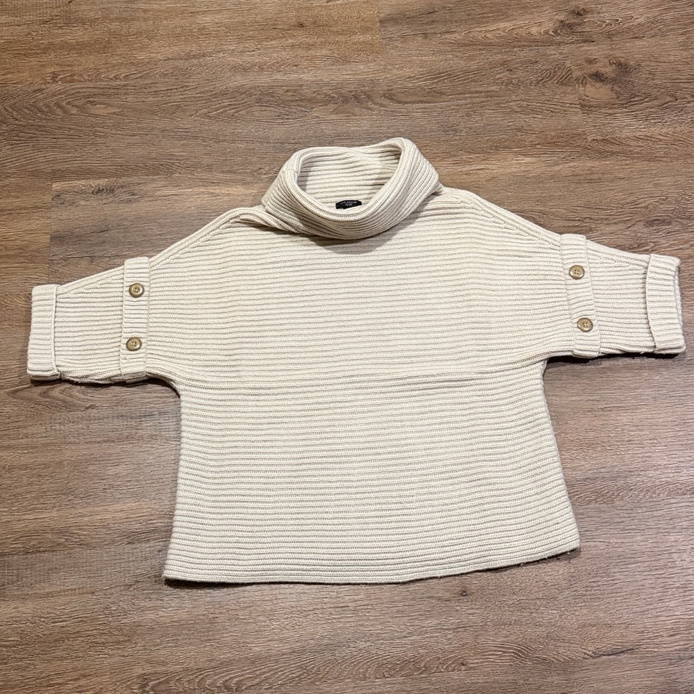 Ann Taylor Cream Cowl Neck Sweater w/ Button and Cuffed Short Sleeve Detail - Picture 2 of 6